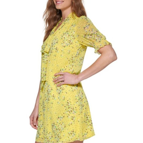 DKNY Yellow Floral, Short Sleeve,‎ V-Neck Dress with Tie Neck, Size 16, NWT - Picture 2 of 12
